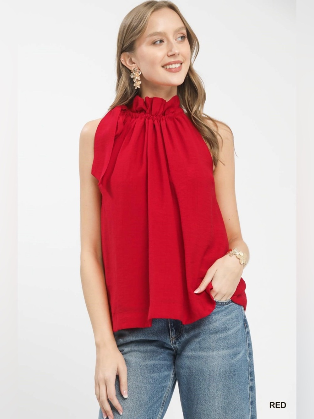 Umgee Tie-Neck Ruffle Halter Boho Top – Red🛍️